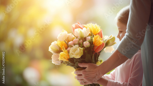 A child gently receives a vibrant bouquet of spring flowers, symbolizing care, love, and the joy of giving. photo