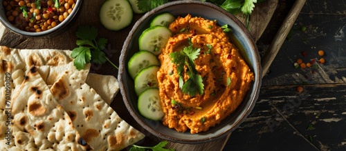 Vegan spread made with Harissa-carrots and lentils, served with flatbread and cucumber. photo