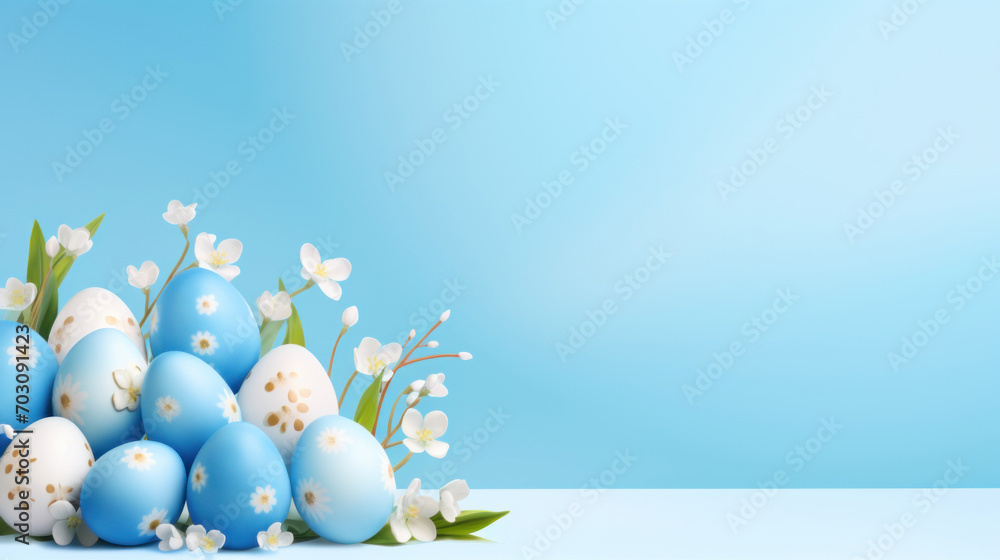 Beautifully decorated blue Easter eggs accompanied by white spring flowers on a blue background.
