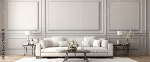 Hampton style living room interior background, empty wall mockup, 3d render © kashif 2158