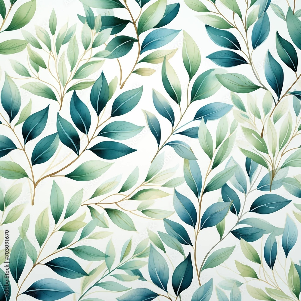 Watercolor leaves pattern on white background, in the style of light green and sky-blue, sōsaku hanga, intertwining materials, nature-based patterns, clean and simple designs,3 generative ai
