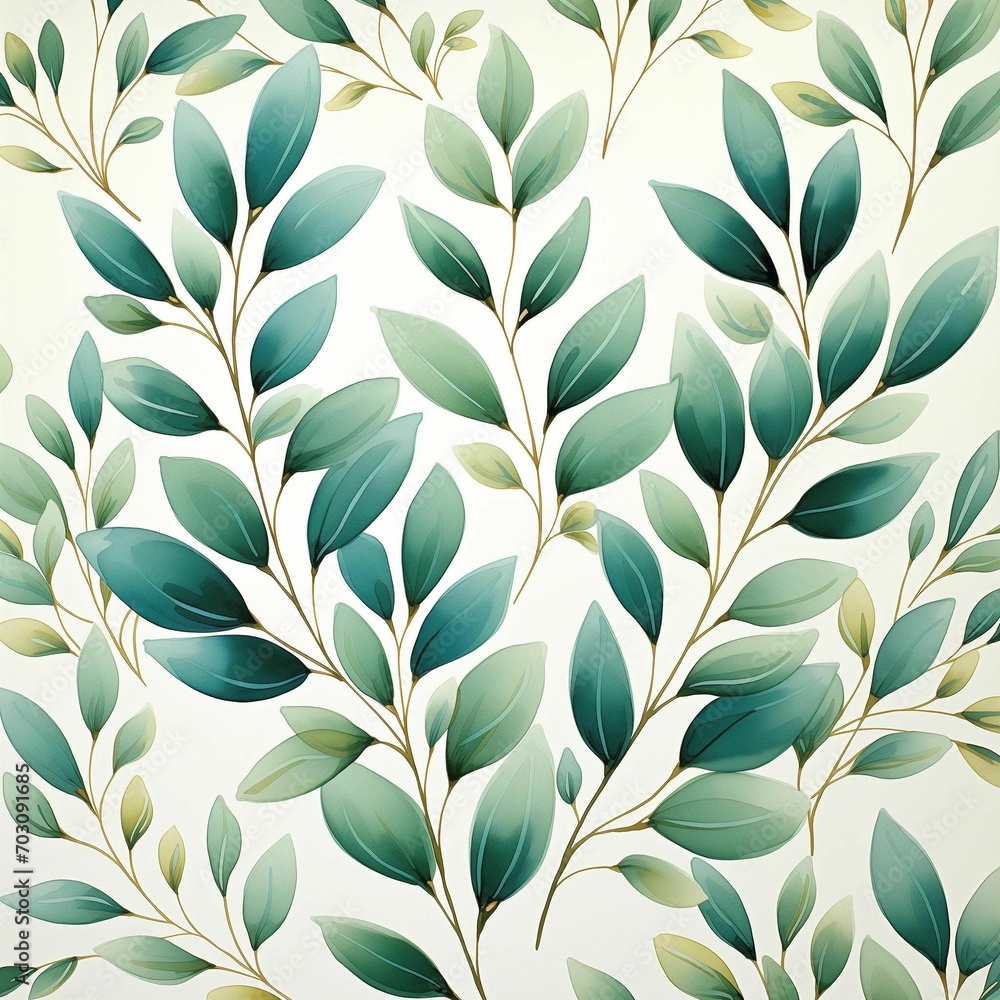 Watercolor leaves pattern on white background, in the style of light green and sky-blue, sōsaku hanga, intertwining materials, nature-based patterns, clean and simple designs,2 generative ai