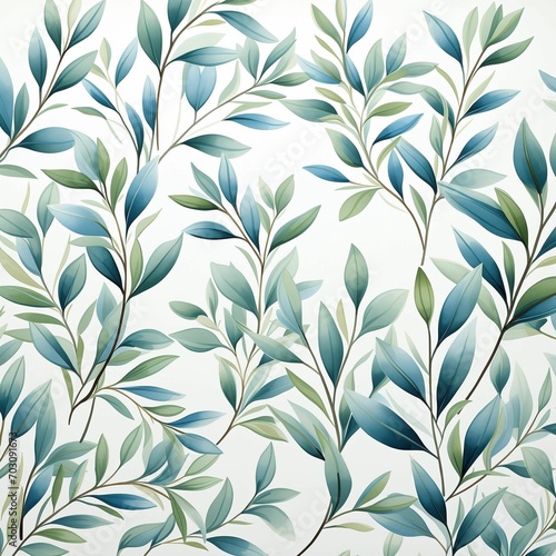 Watercolor leaves pattern on white background, in the style of light green and sky-blue, sōsaku hanga, intertwining materials, nature-based patterns, clean and simple designs,4 generative ai