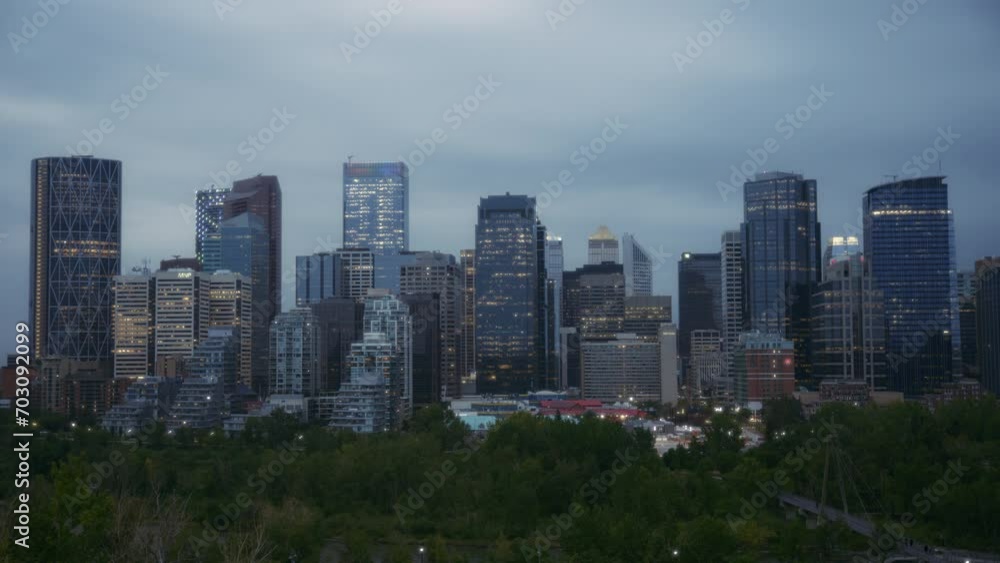 Evening timelapse of Calgary downtown cityscape. Day to night transition. Evening timelapse of Calgary downtown cityscape. Day to night transition.