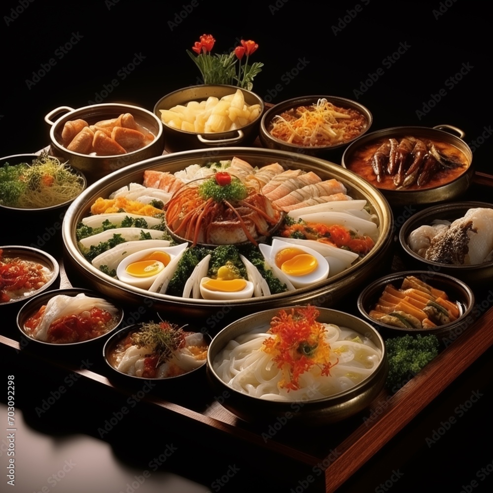 Korean traditional food, luxurious and elegant dishes, classical and contemporary. generative ai Korean traditional food, luxurious and elegant dishes, classical and contemporary. generative ai