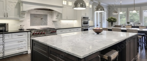 Kitchen in luxury home with white granite island