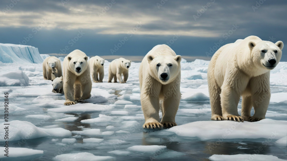 Polar Bears in a Warming WorldDevelop an evocative stock image that illustrates the melting Arctic landscape, with polar bears navigating through slushy ice Polar Bears in a Warming WorldDevelop an evocative stock image that illustrates the melting Arctic landscape, with polar bears navigating through slushy ice