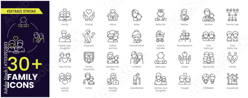 Family stroke icon collection. Containing parents, mother, father, children, baby, grandparents and household icons. Editable icon collection. Vector illustration. Stroke icon collection Outline icon