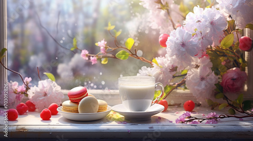 A cozy window setting featuring a warm latte and colorful macarons alongside blooming flowers, inviting relaxation.