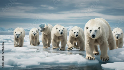 Polar Bears in a Warming WorldDevelop an evocative stock image that illustrates the melting Arctic landscape, with polar bears navigating through slushy ice