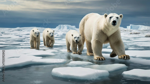 Polar Bears in a Warming WorldDevelop an evocative stock image that illustrates the melting Arctic landscape, with polar bears navigating through slushy ice