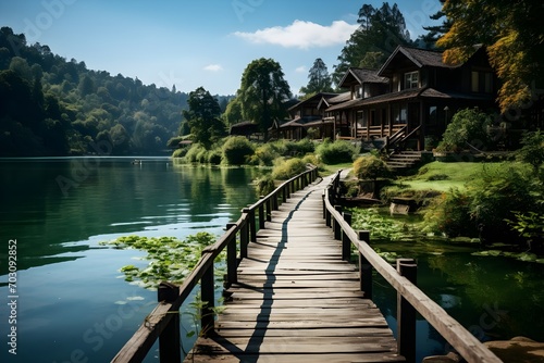 An idyllic countryside natural landscape with a picturesque lake surrounded by lush green trees and mountains in the background