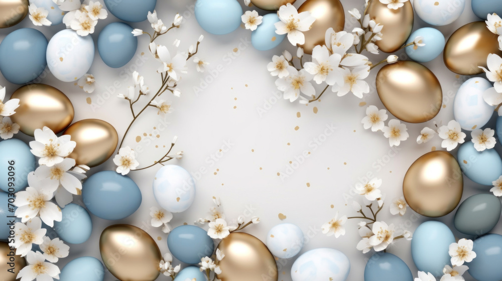 Luxurious golden and blue Easter eggs surrounded by white cherry blossoms, creating an opulent spring scene. Luxurious golden and blue Easter eggs surrounded by white cherry blossoms, creating an opulent spring scene.