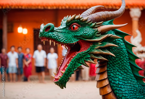 Colorful wooden carved dragon symbol of the Chinese New Year