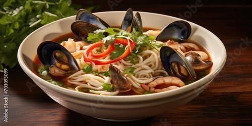 A tantalizing bowl of pho beckons, with its fragrant clam broth complementing a treasure trove of fresh seafood, including plump mussels, tender squid, and succulent prawns, garnished with