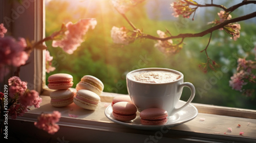 A warm cup of coffee paired with colorful macarons on a windowsill overlooking a blooming tree.