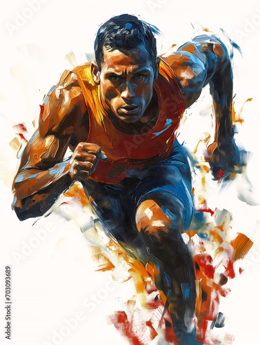 man running red vest blue shorts best extremely gorgeous face speedster black skin obturation speed sports high pencil illustration photo