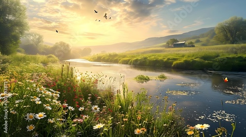 A stunning countryside natural landscape with rolling hills, a meandering river, and a colorful field of wildflowers