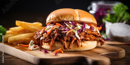 A tantalizing BBQ pulled jackfruit sandwich, showcasing tender jackfruit slowcooked to achieve a pulled texture, smothered in a smoky and slightly sweet barbecue sauce. Served on a soft,