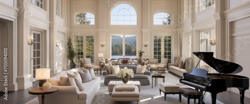 Luxury high ceiling living room features beige ivory walls framing large arched windows, traditional fireplace, black grand piano next to cozy sitting area atop glossy marble floor. Northwest, USA photo