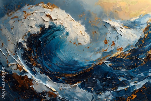 large wave breaking ocean gold blue swirling harmony album highly turbulent ultramarine