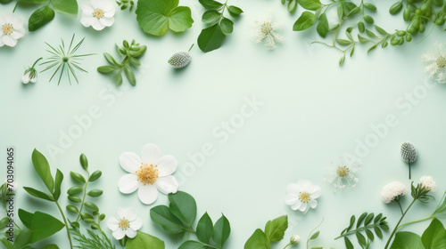 Delicate white flowers and green leaves arranged in a circular frame on a mint green background, with space for text. photo
