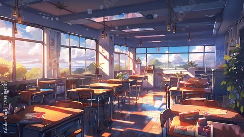 Anime background of a class room, sunset scene, digital illustration