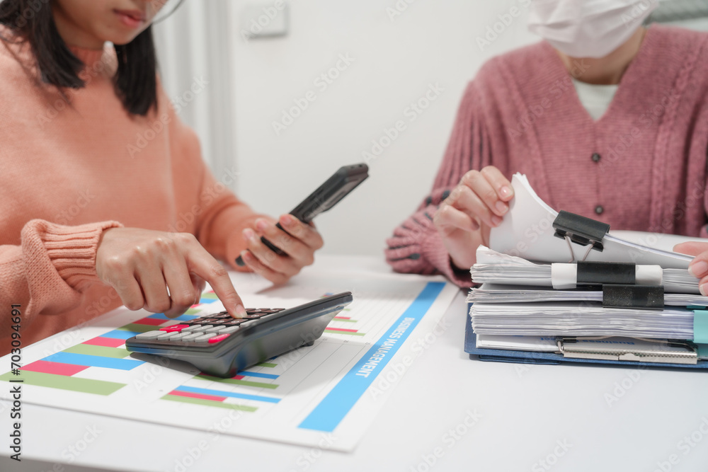 two individuals are engaged in accounting work. One person is wearing a pink sweater, and they both are reviewing financial charts and graphs, likely for a small business. two individuals are engaged in accounting work. One person is wearing a pink sweater, and they both are reviewing financial charts and graphs, likely for a small business.