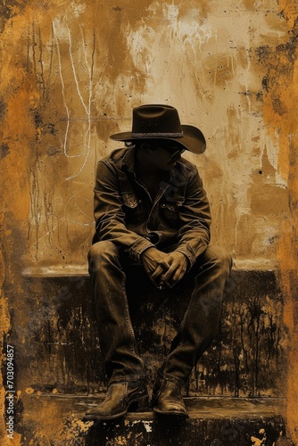 Cowboy wearing Black is Sat on a Grunge Wall in the Style of Pop Art Illustration - A Cowboy Background in Sepia Tone, Necro Nomi Con Illustration Wallpaper created with Generative AI Technology © Sentoprotak