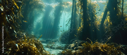 Dense underwater forest providing fish shelter with low-height kelp fronds.