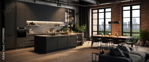 Luxury studio apartment with a premium contemporary kitchen loft style in dark colors. Stylish modern room area with large window. 3d render © kashif 2158