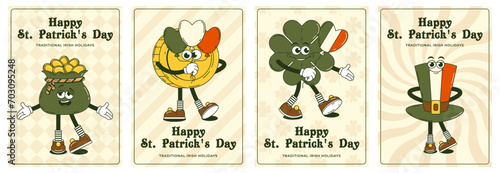 Happy Saint Patricks Day retro set greeting card. Funky groovy cartoon characters. Vintage funny mascot patch psychedelic smile and emotion. Comic trendy vector illustration