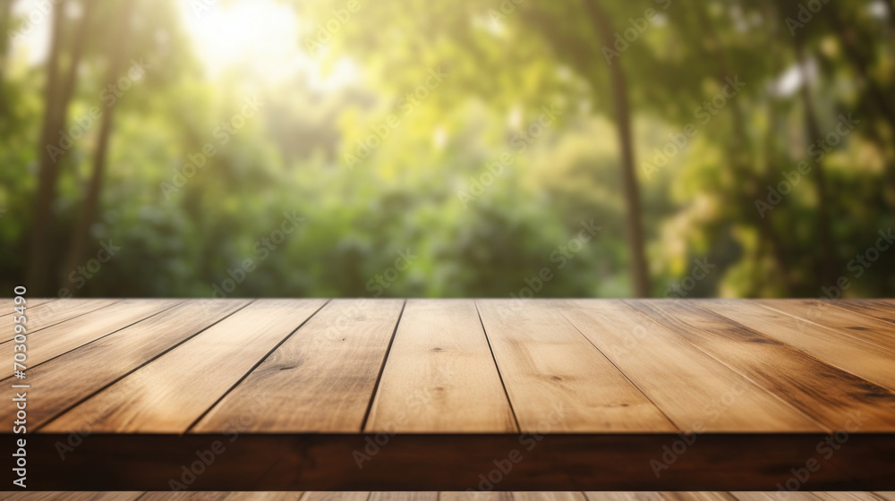 A rustic wooden deck provides a natural viewing platform over a serene, sunlit forest with lush green foliage. A rustic wooden deck provides a natural viewing platform over a serene, sunlit forest with lush green foliage.