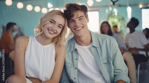 Cheerful young couple with a friendly smile, enjoying a casual gathering with people in the background.