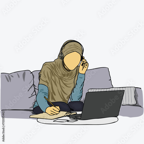 Working modern Muslim women in stylish hijab fashion, hijabster influencers girl working online with laptop at house, modest style Muslimah boggers in white background.  