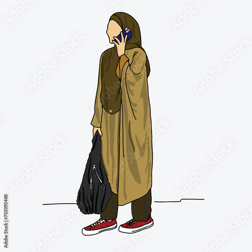 Working modern Muslim women in stylish hijab fashion, hijabster influencers girl talking on handphone, modest style Muslimah boggers influencer in white background. 