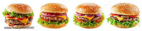 Set of different tasty burgers on transparent background png