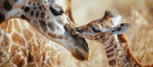 Beautiful giraffe mother grooming baby in tight shot.