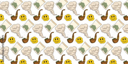 Cannabis seamless pattern with smoking pipe, marijuana buds, smoke, funny melt smile faces. Marijuana weed background.