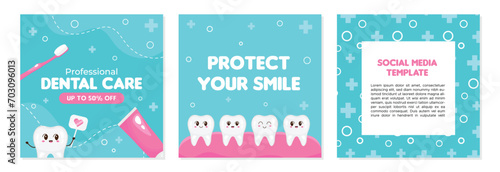 Set of dental banners for dental clinic. Discount on services for dental health. Dentistry. Banner or poster for website or app. Funny cartoon teeth in cartoon style. Social media template.