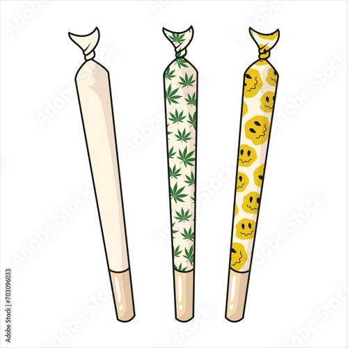 Marijuana joint isolated on white background. Spliff, smoking drug cigarette. Vector illustration. Joint with marijuana print. 