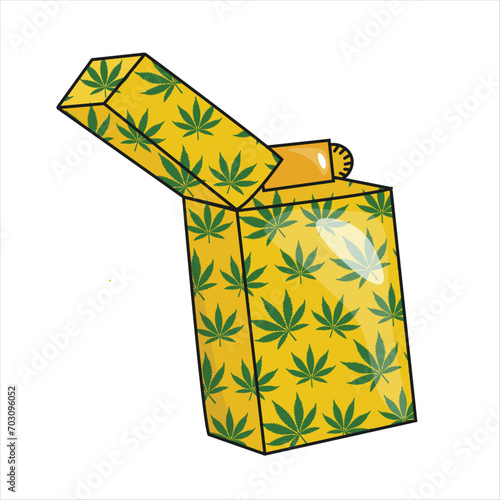 Accessory for smoking. Lighter with marijuana print isolated on white background. Cannabis pattern. Editable stroke.