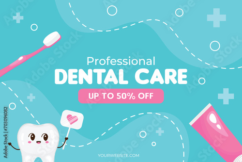 Dental banner for dental clinic. Discount on services for dental health. Oral hygiene. Dentistry. Banner or poster for website or app. Funny cartoon teeth in cartoon style. Up to 50% off, sale.