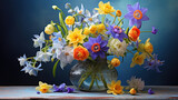 A vivid bouquet of mixed spring flowers, including daffodils and irises, arranged in a glass vase on a rustic table.