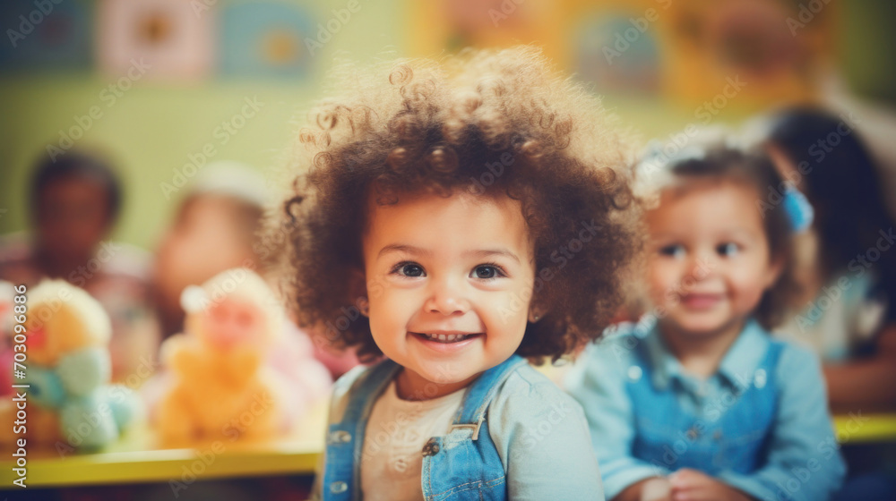A curly-haired toddler gives a heartwarming smile while attending a fun activity in a colorful preschool classroom. A curly-haired toddler gives a heartwarming smile while attending a fun activity in a colorful preschool classroom.