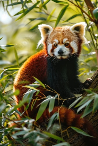 Red Panda in a Vibrant Bamboo Forest Background - The Panda's Fur is a Contrast against the Green Bamboo with Sunlight filtering through the Dense Canopy created with Generative AI Technology
