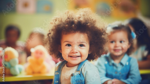 A curly-haired toddler gives a heartwarming smile while attending a fun activity in a colorful preschool classroom.