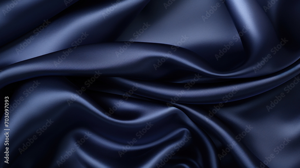 An elegant and luxurious smooth blue satin fabric draped gracefully, showcasing its lustrous texture and deep color.