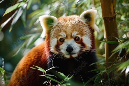 Red Panda in a Vibrant Bamboo Forest Background - The Panda's Fur is a Contrast against the Green Bamboo with Sunlight filtering through the Dense Canopy created with Generative AI Technology © Animals Creator