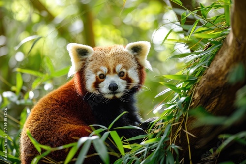 Red Panda in a Vibrant Bamboo Forest Background - The Panda's Fur is a Contrast against the Green Bamboo with Sunlight filtering through the Dense Canopy created with Generative AI Technology